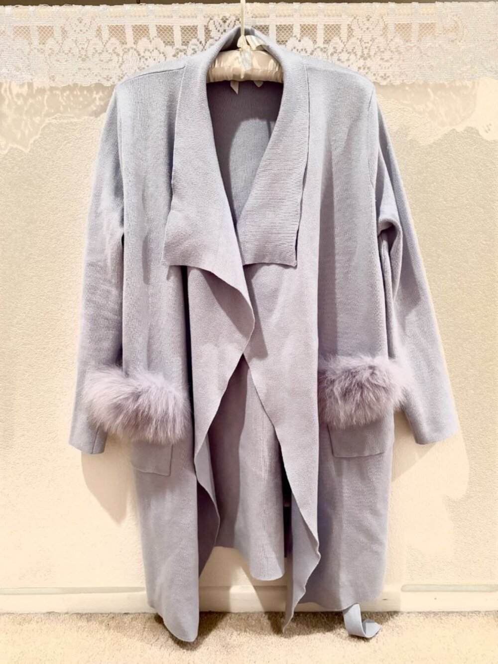 Bread n Butter Lavender Knit Drape Duster Cardigan Faux Fur Pockets